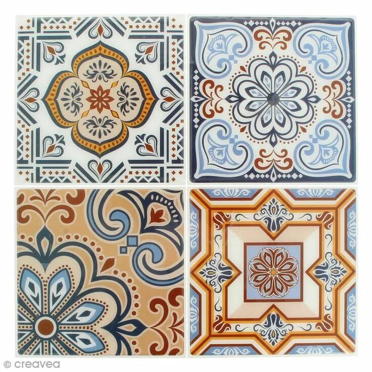 Плитка узоры фото Stickers Mosaïque - Carré - Bleu et orangé - 12 x 12 cm - 4 pcs - Tesselle mosaï