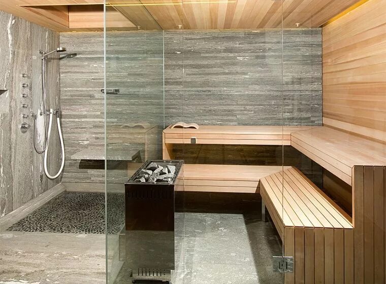 Плитка в бане фото KÜNG AG Saunabau, Wädenswil, Switzerland: Glass fronts Sauna shower, Sauna desig