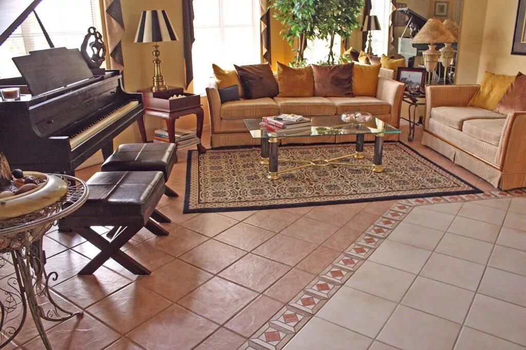 Плитка в частном доме фото Living Room Design with Ceramic Tile Flooring - Home Decorating Designs - 1712 L