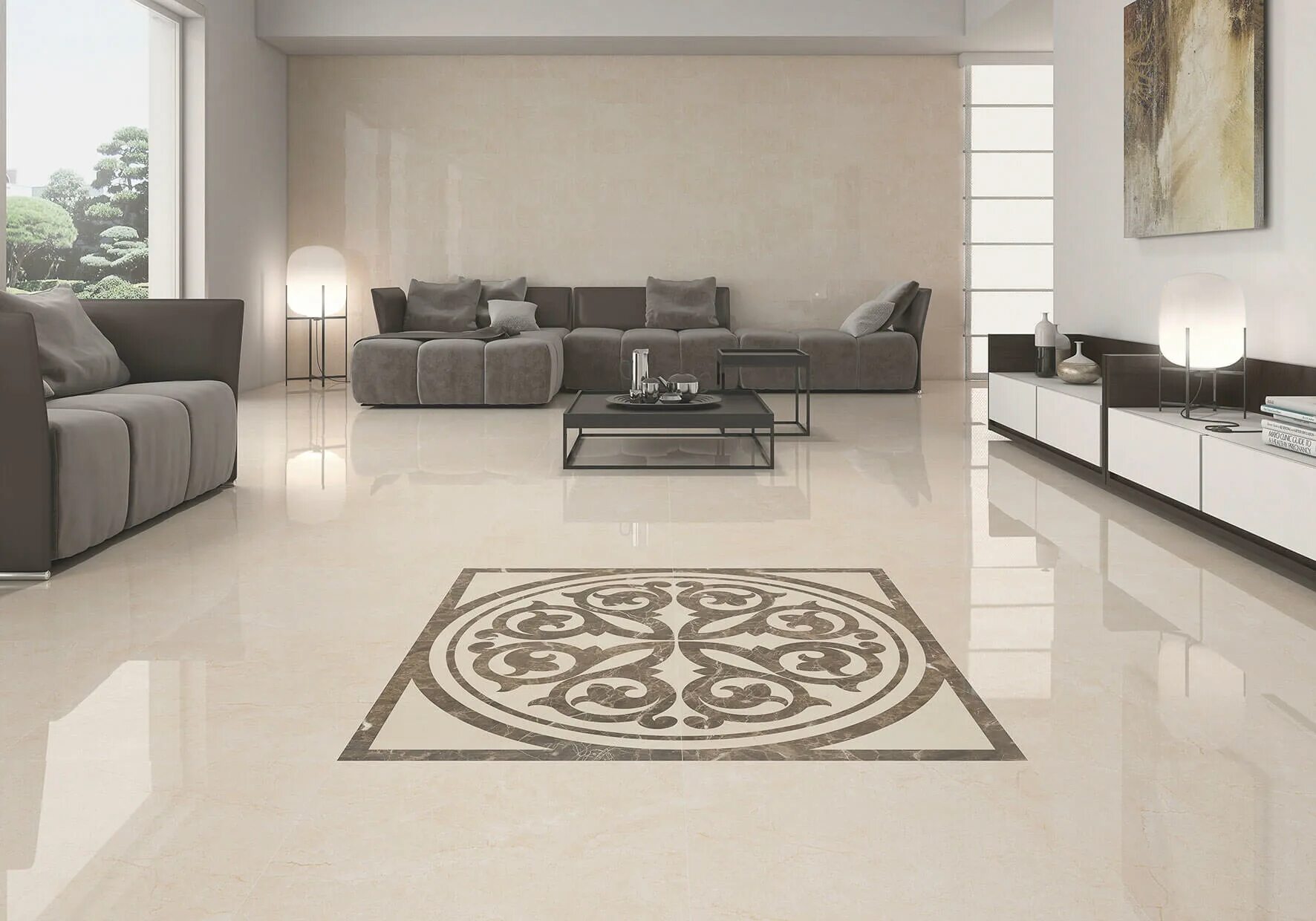 Плитка в гостиную на пол варианты дизайна Catania Beige Roseton 45x45 Bellavista - Декор Беллависта катания Беж Розетон ко