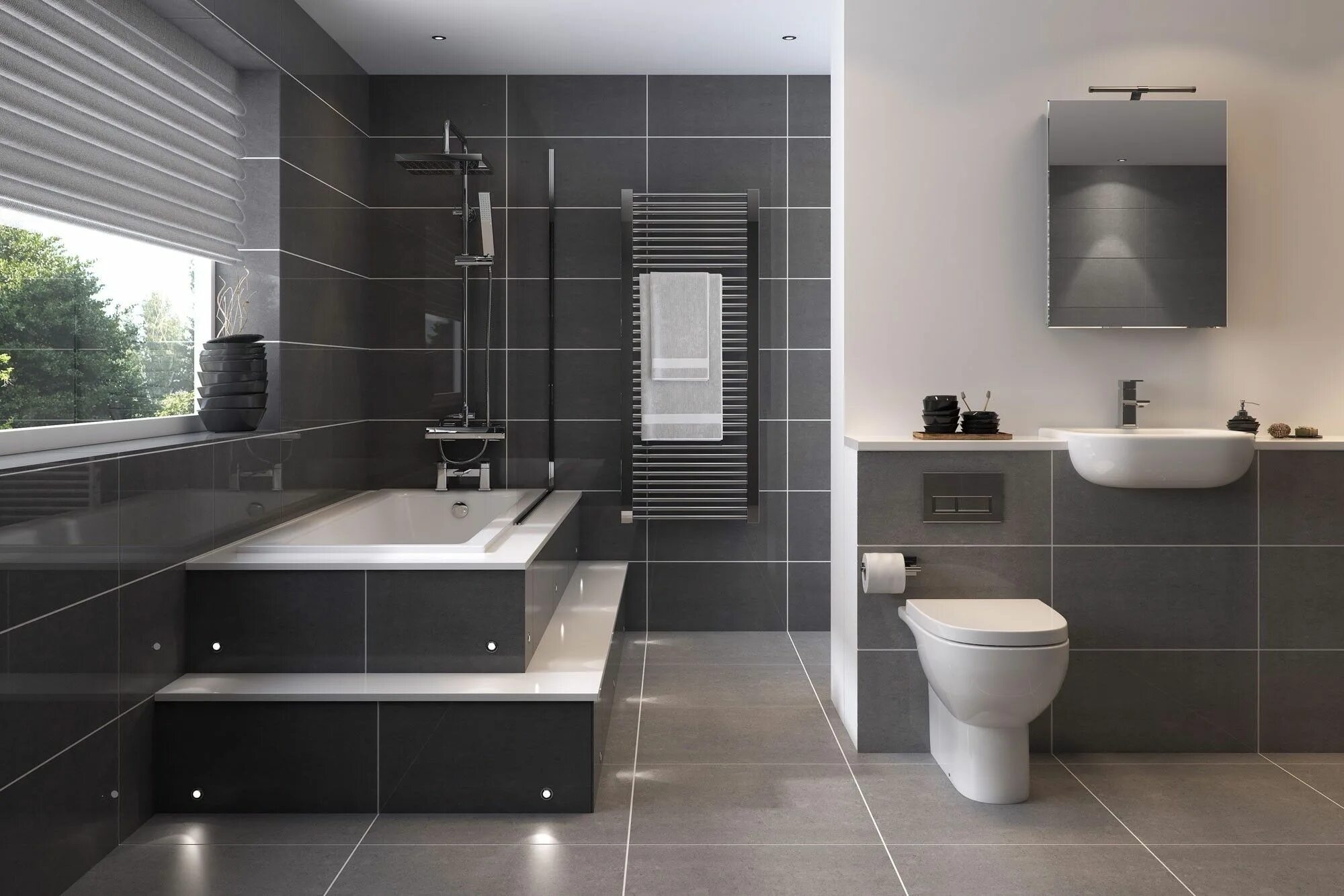 Плитка в интерьере комнаты Badfliesen Wandspiegel Badewanne Design Ideen #badezimmer #grau #einrichten #ide
