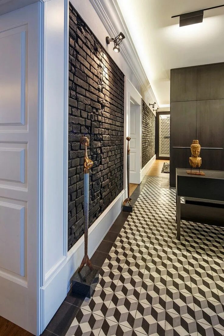 Плитка в интерьере прихожей на стенах Dark Brick Walls And Geometric Patterns Shape Posh Private Home In Slovakia Pain