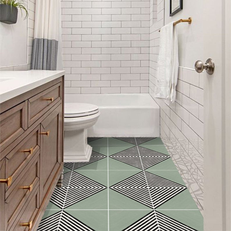 Плитка в маленькой ванне фото дизайн Vinyl Floor Tile Sticker Floor Decals Piazza in Green Tile Etsy Tile floor, Floo