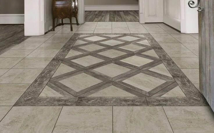 Плитка в прихожую на пол фото Nice idea integrating the wood plank weathered tiles with a travertine look. Gre