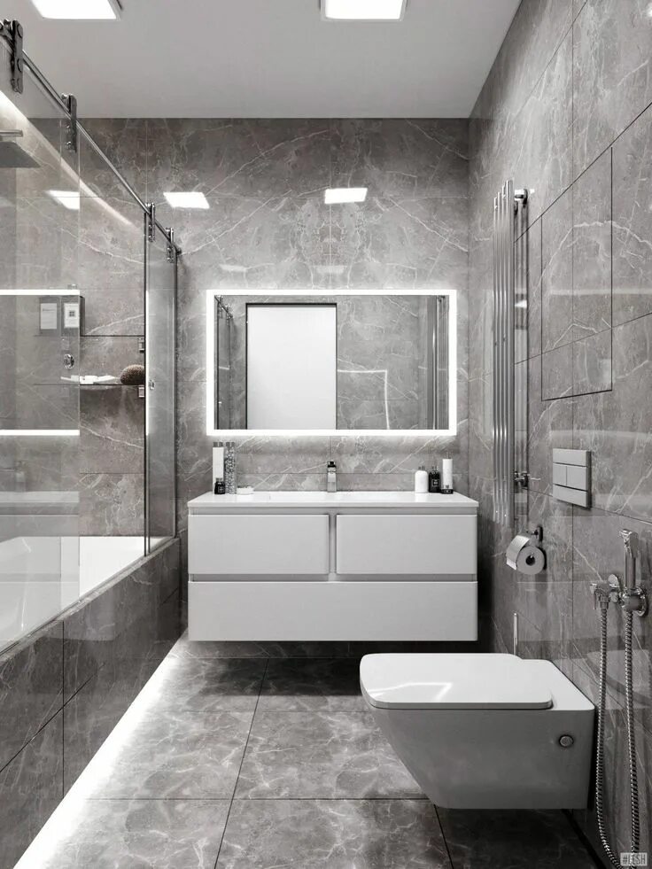 Плитка в серых тонах фото СУ Бюджетный panosundaki Pin Minimalist banyo, Lüks banyolar, Banyo tasarımı ilh