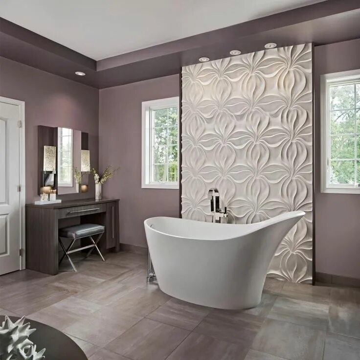 Плитка в ванной дизайн 2024 Spa-Like Bathroom With Freestanding Tub and Textured Accent Wall Purple bathroom