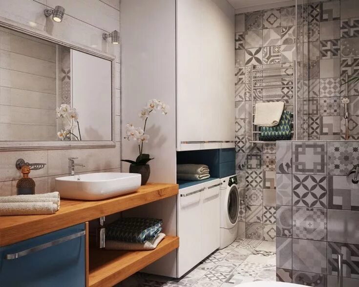 Плитка в ванной фото в стиле salle de bains grise avec carreaux de ciment et plan vasque en bois Apartment la