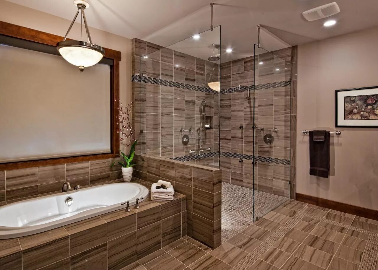 Плитка в ванной комнате частного дома фото Contemporary Stone Bathroom Features Spa Shower With Multiple Showerheads Small 