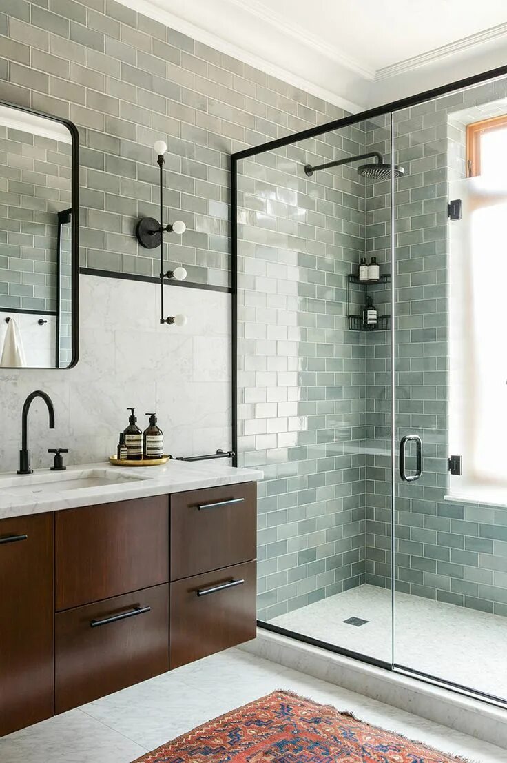Плитка в ванной с душевой фото Bathroom Inspiration - Green Tile, Dark Wood, Marble, Black Frames and Fixtures 