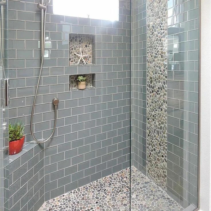 Плитка в ванной с душевой фото Ocean Glass Subway Tile Shower Featuring Pebble Tile - Subway Tile Outlet #bathr