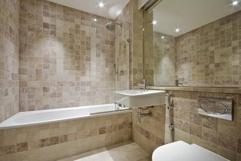 Плитка в ванну на стену фото Bathroom with Stone Tiles and Shower with Wood Cabinets. Stock Image - Image of 