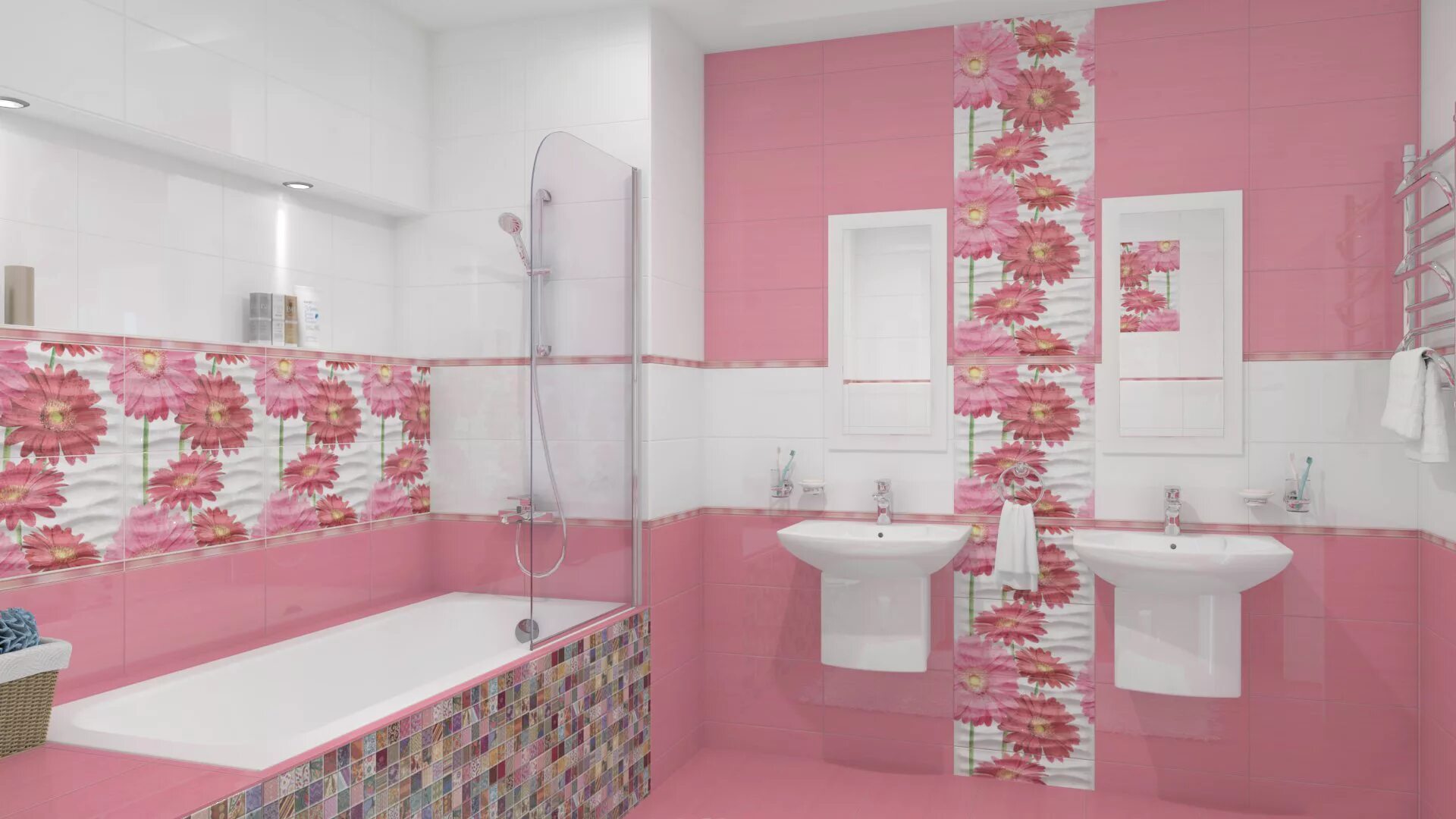 Плитка в ванную комнату цветы фото Gerbera Panno B 25x45 Ceradim - Декор Черадим Гербера Панно B розовый купить в М