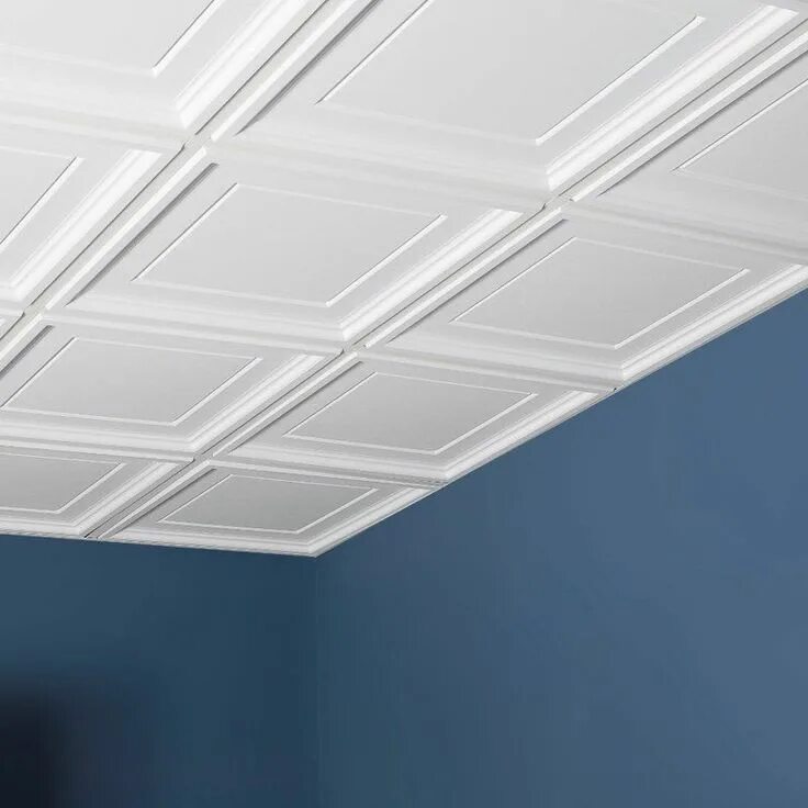 Плиты на потолок фото Icon Coffer 2 ft. x 2 ft. PVC Drop-In Ceiling Tile in White Basement decor, Base