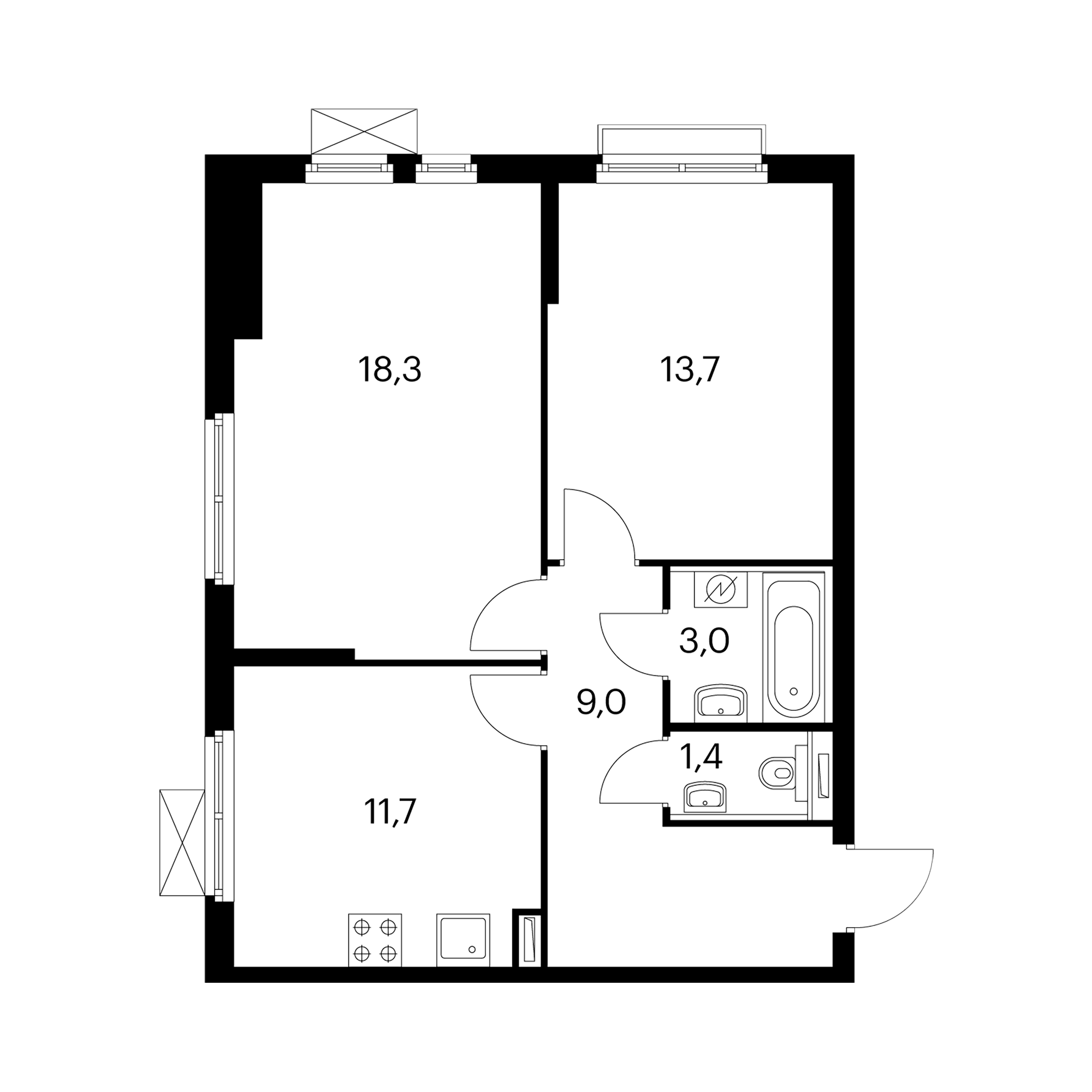 Площадь квартиры московской планировки 2-комнатная квартира 57 м² с отделкой в проекте "Михайловский парк" - этаж 17, к