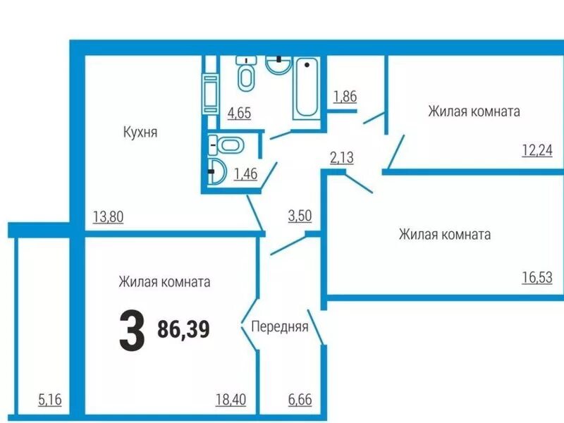 Площадь квартиры улучшенной планировки Купить 3-комнатную квартиру, 83 кв. м., Челябинск, цена 2570000 руб., № 931173 R