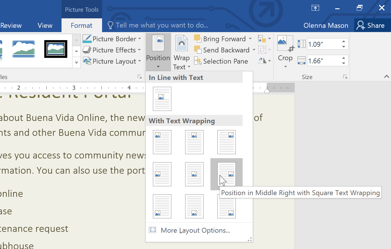 Площадь текста на фото Word 2016: Pictures and Text Wrapping