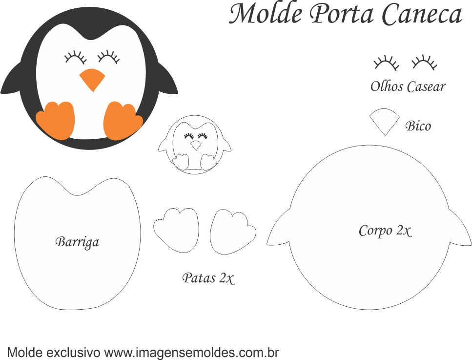 Плоские игрушки из фетра выкройки Molde Porta Caneca Pinguim - Molde para Feltro - EVA e Artesanato Чувствовал шаб