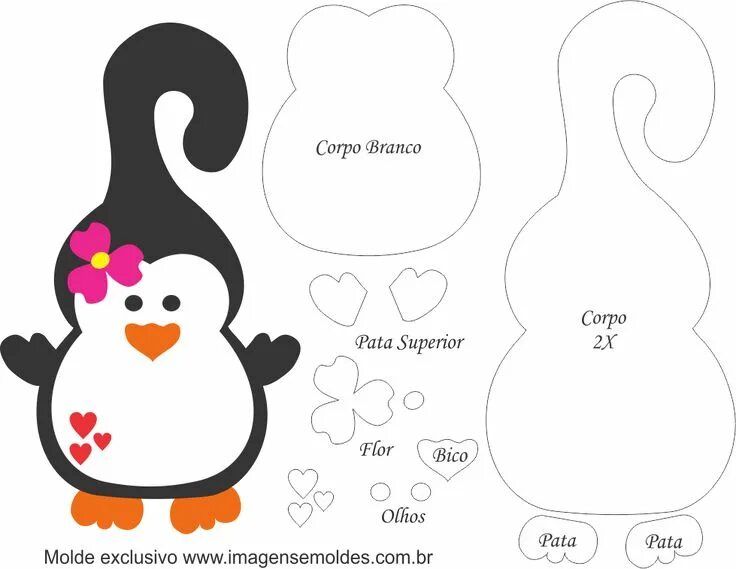 Плоские игрушки из фетра выкройки Molde de Pinguim Flor Porta Maçaneta para EVA - Feltro e Artesanato Padrões de a
