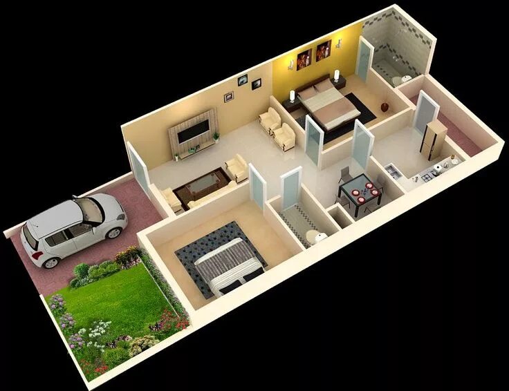 Плоский дом планировка 3D Home Plans for a Spacious 2BHK House