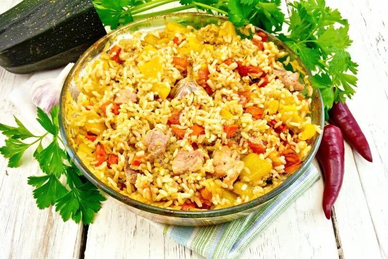 Плов с овощами рецепт с фото Rice with Chicken and Zucchini in Pan on Board Stock Photo - Image of dishware, 