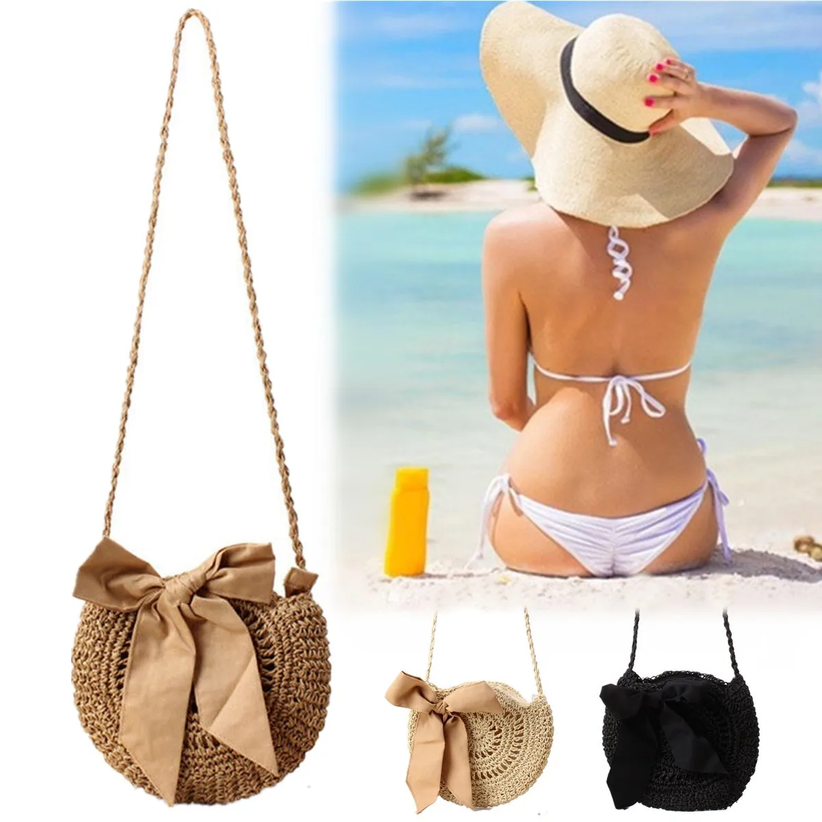 Пляж девушки загорают фото 2019 Women Vintage Beach Straw Bag Ladies Handmade Woven Rattan Messenger Handba