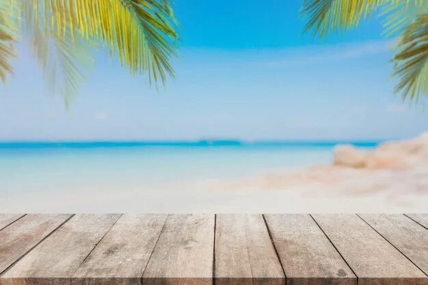 Пляж фото для фотошопа Mesa de madera vacía y playa borrosa del... Free Photo #Freepik #freephoto #free