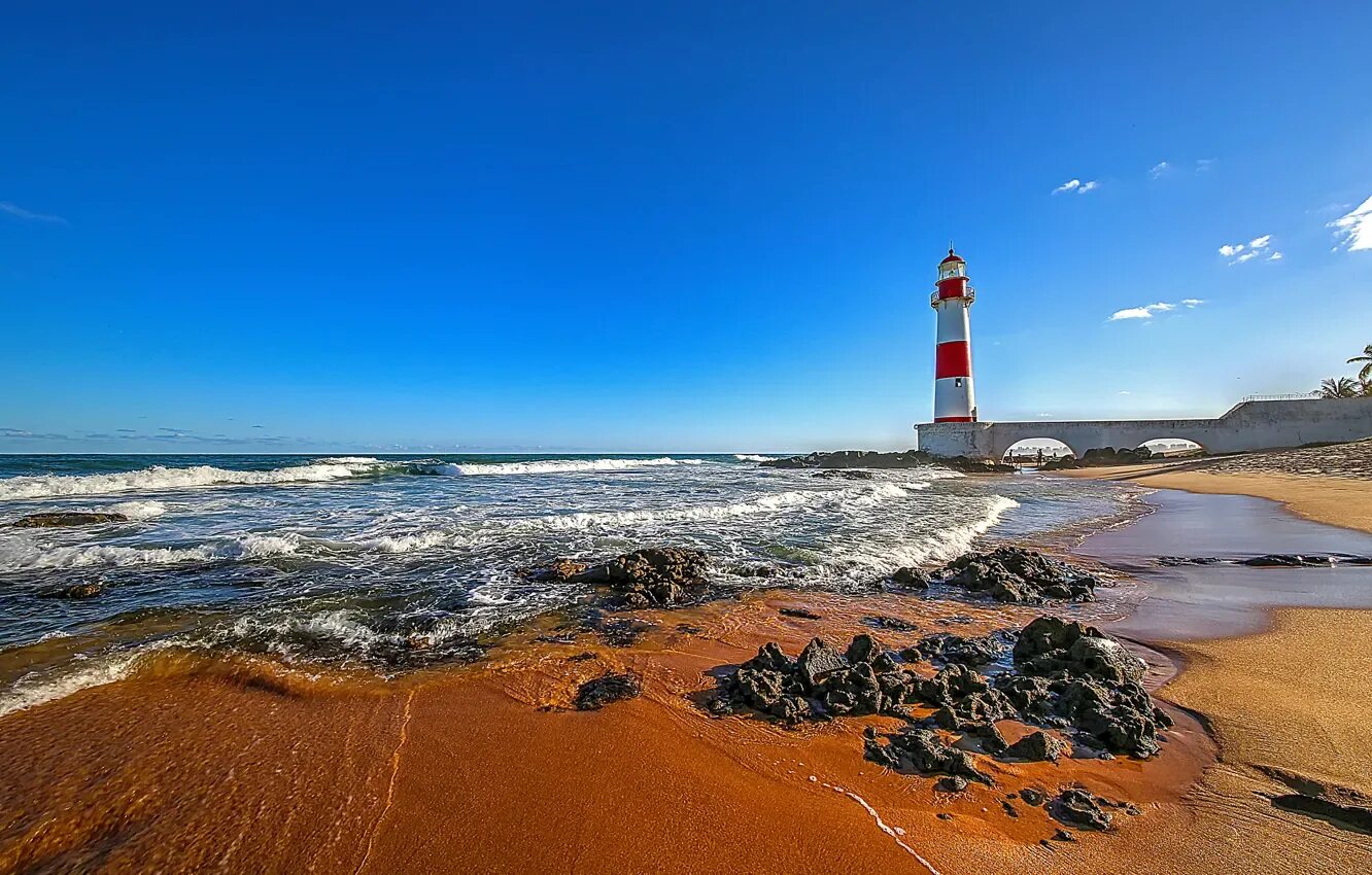 Пляж маяк фото Wallpaper wave, beach, clouds, lighthouse, horizon, Brazil, blue sky, Salvador f