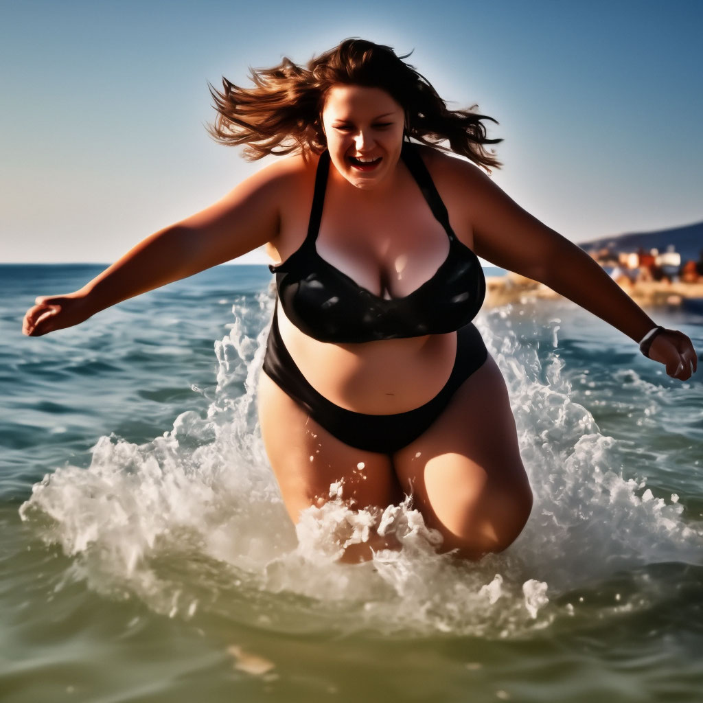 Пляж полные женщины фото "Fat women jump into the pool, ." - image created in Shedevrum