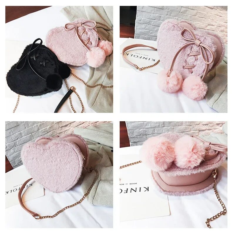 Плюшевые сумочки Small Handbag Female 2019 Sweet Heart Shaped Plush Messenger Bag Bowknot Hairbal