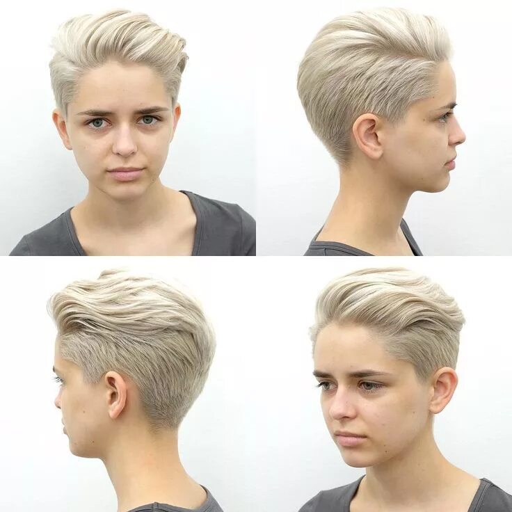 Плюсы короткой прически Platinum Blonde Pixie with Long Top Fringe Styled in a Quiff - The Latest Hairst