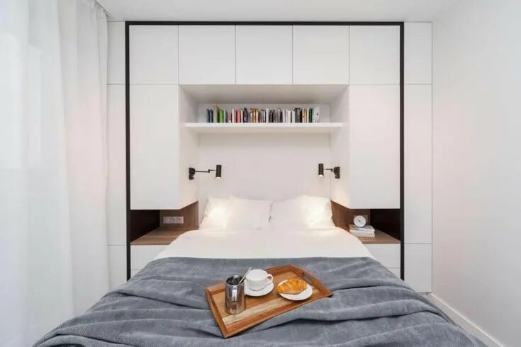 По бокам кровати шкафы фото Projektowanie wnętrz Kraków - 1mmstudio Slaapkamer modern, Slaapkamer, Kleine sl