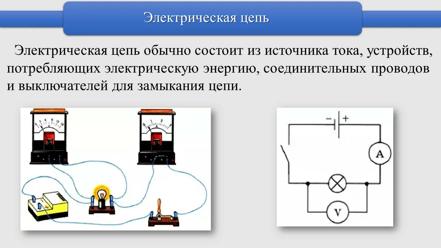 По электрической схеме идет ток Источники электрической энергии электрическая цепь