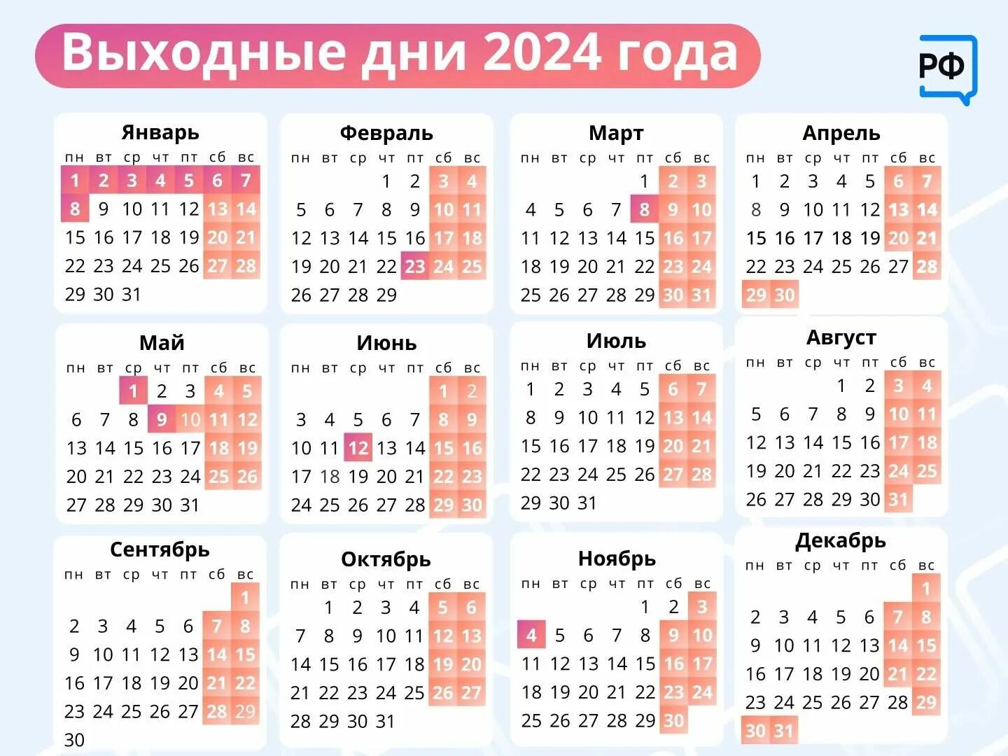 По календарю какие дни выходные Праздничные даты 2024 год