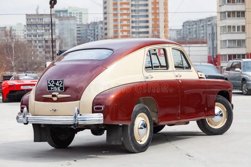 Победа советская ул 1 фото Rear View of the Double Colored Brown and Beige Old Russian Car Released in the 
