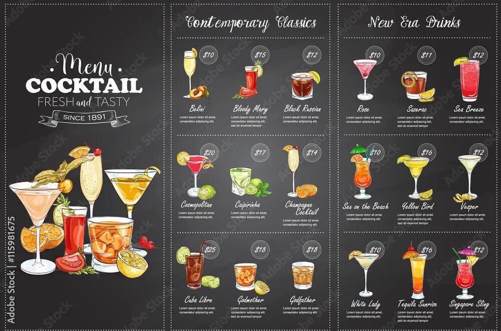 Почему лучше делать меню бара без фото Front Drawing horisontal cocktail menu design Векторне зображення Stock Adobe St