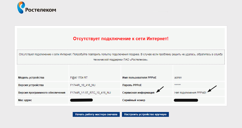 Почему ростелеком пишет нет подключения к интернету Ответы Mail.ru: (F@st 1704 RT) Ростелеком: Отсутствует подключение к сети Интерн