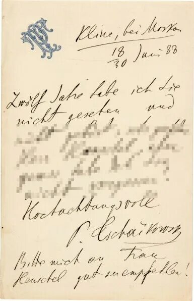 Почерк петра 1 фото P. Tchaikovsky. Autograph letter signed, to George Henschel, 18/30 June 1888 Boo