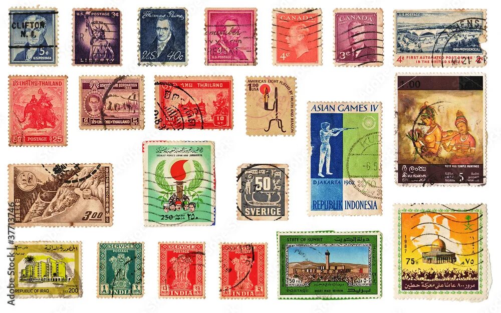 Почтовая марка фото Vintage postage stamps collection from different countries фотография Stock Adob