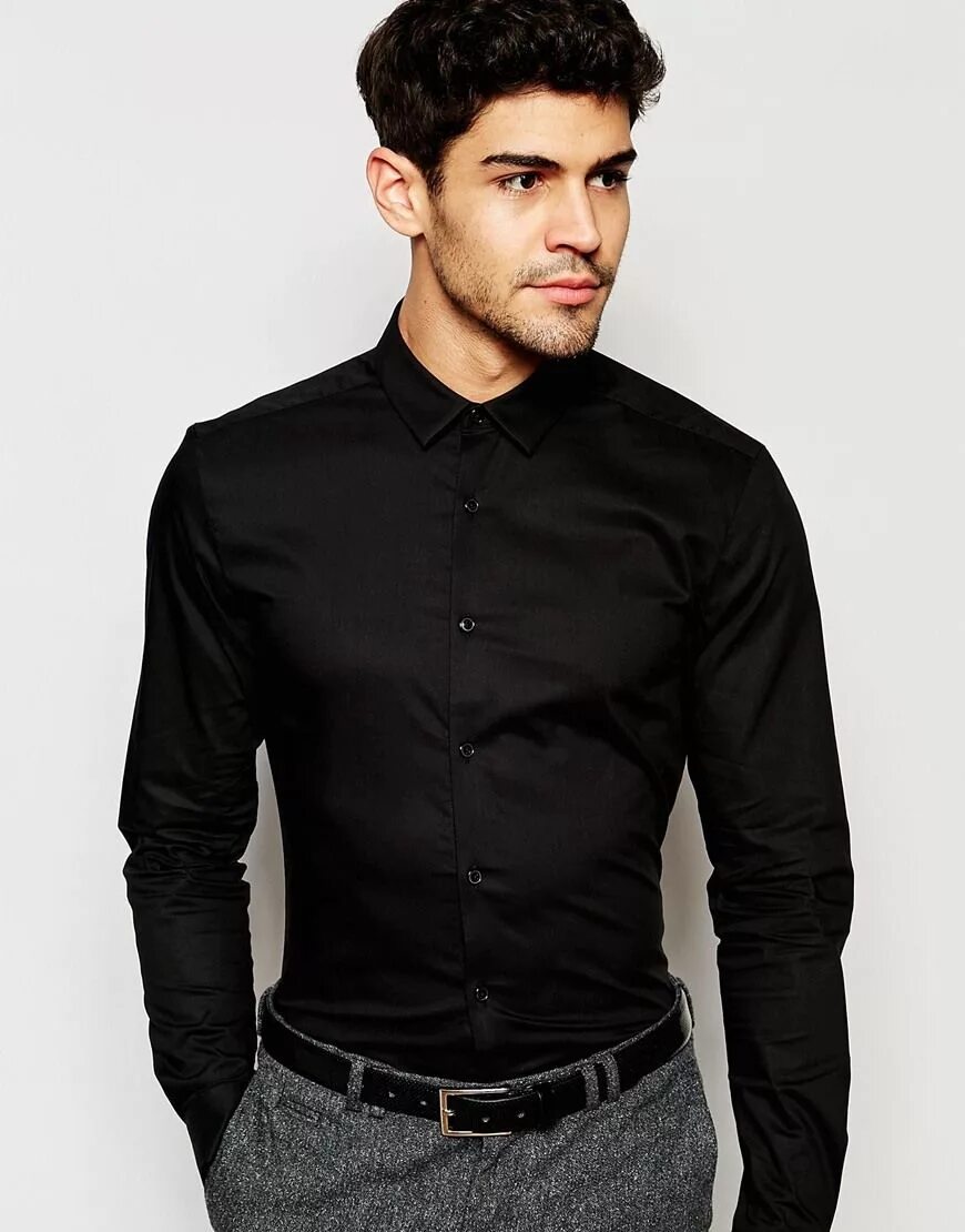 Под что одеть черную рубашку ASOS Skinny Shirt In Black With Long Sleeves at asos.com Skinny shirts, Mens tal