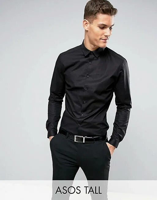 Под что одеть черную рубашку ASOS DESIGN Tall slim shirt with stretch in black ASOS
