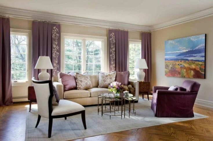 Под что выбирают шторы в интерьере гостиной Living Room Interior Inspiration - Beige Sofa with Purple .. Фиолетовые гостиные