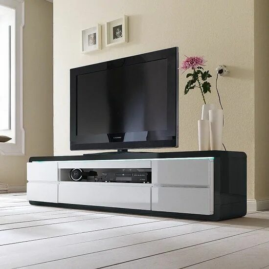 Под телевизор фото Frame TV Stand In Black And White High Gloss With LED Lighting Tv stand designs,