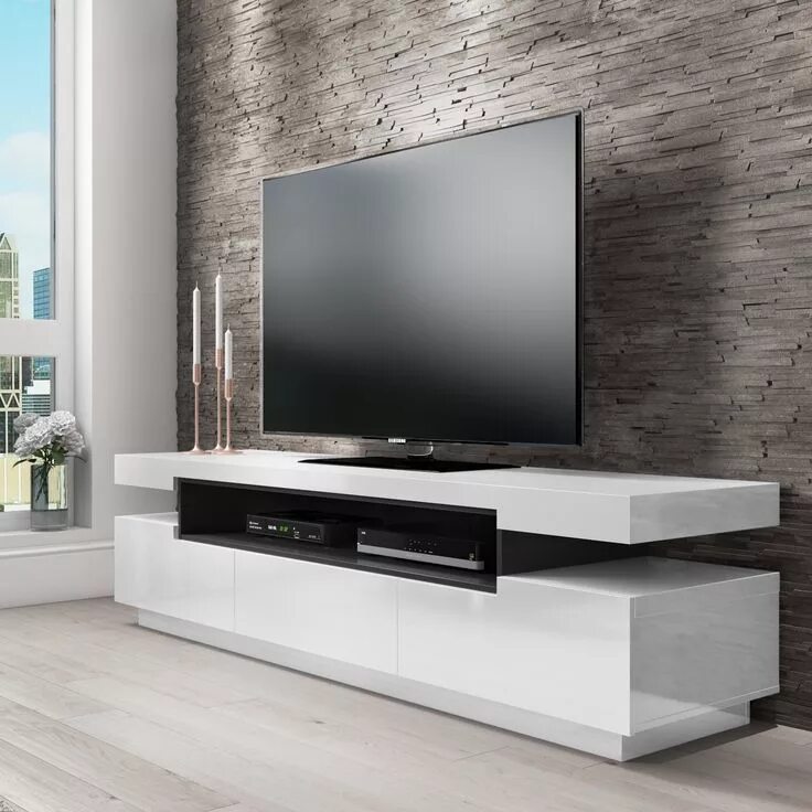 Под телевизор в современном стиле фото Harlow Rectangular High Gloss White TV Unit with Grey Gloss Detail FOL300304_E W
