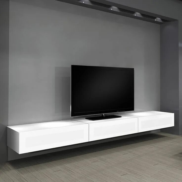 Под телевизор в современном стиле фото Long Simple White Wall Mounted Tv Cabinet With White Stained Wooden Drawer And B
