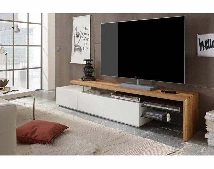 Под телевизор в современном стиле фото Meuble TV design blanc laqué mat plateau bois L204 cm MEDIA - Miliboo Living roo