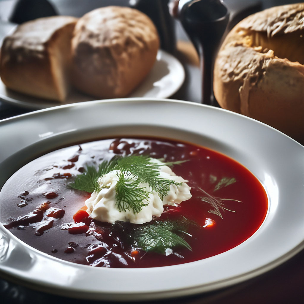 Подача борща в ресторане фото "Borscht in a white plate, dinner, ." - image created in Shedevrum