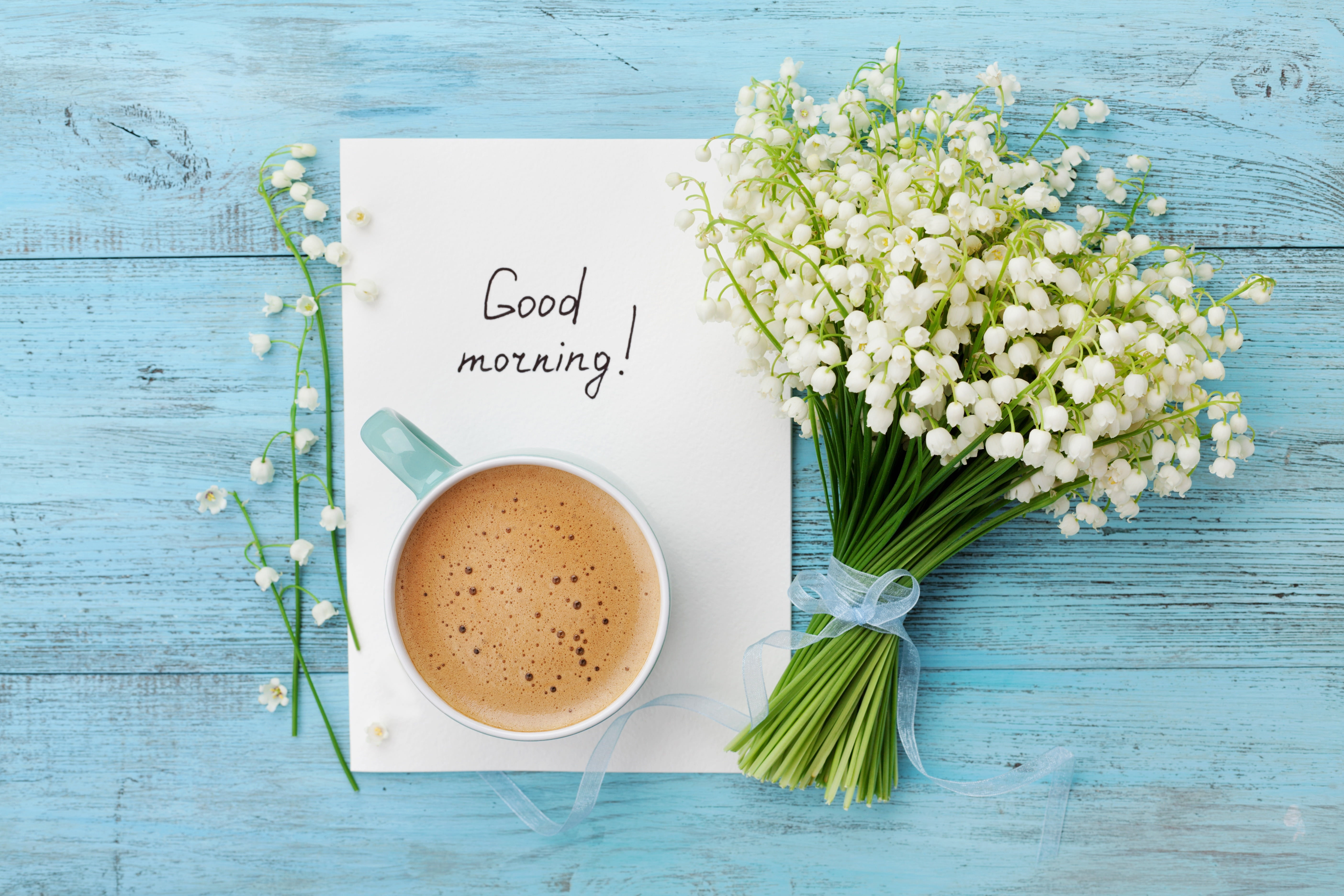 Подарки хорошего дня картинки Good Morning! #coffee #green lilly of the valley #cup #morning #white #blue #car