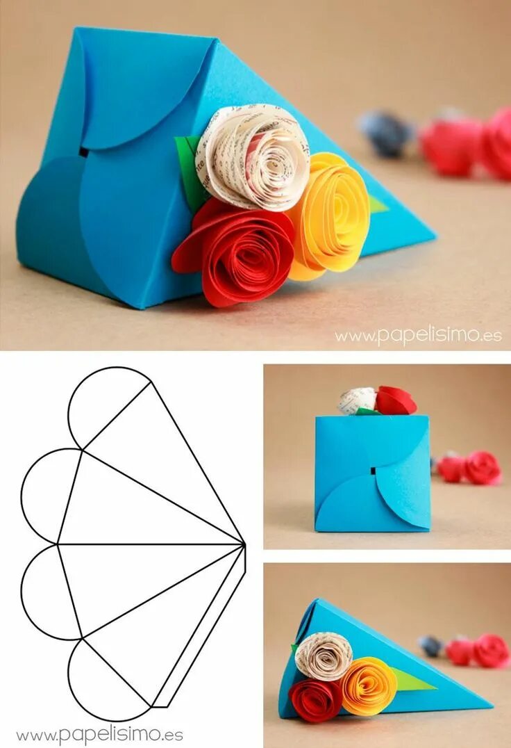 Подарок из бумаги поделки самоделки Cajitas de regalo en forma de pirámide y decoradas con rosas de papel Como fazer