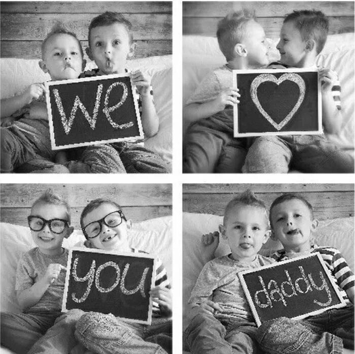 Подарок на день отца фото two little boys sitting on a white couch, holding a sign which reads "we heart y