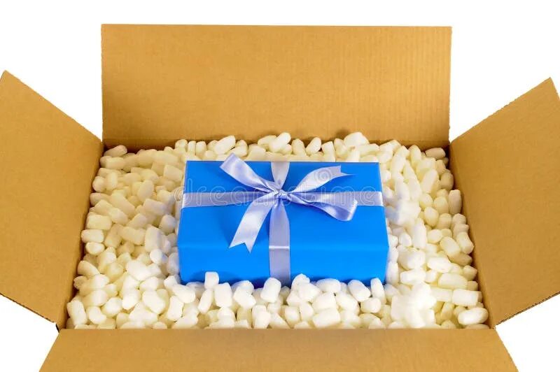 Подарок внутри фото Cardboard Shipping Delivery Box Blue Gift Inside and Polystyrene Packing Pieces 